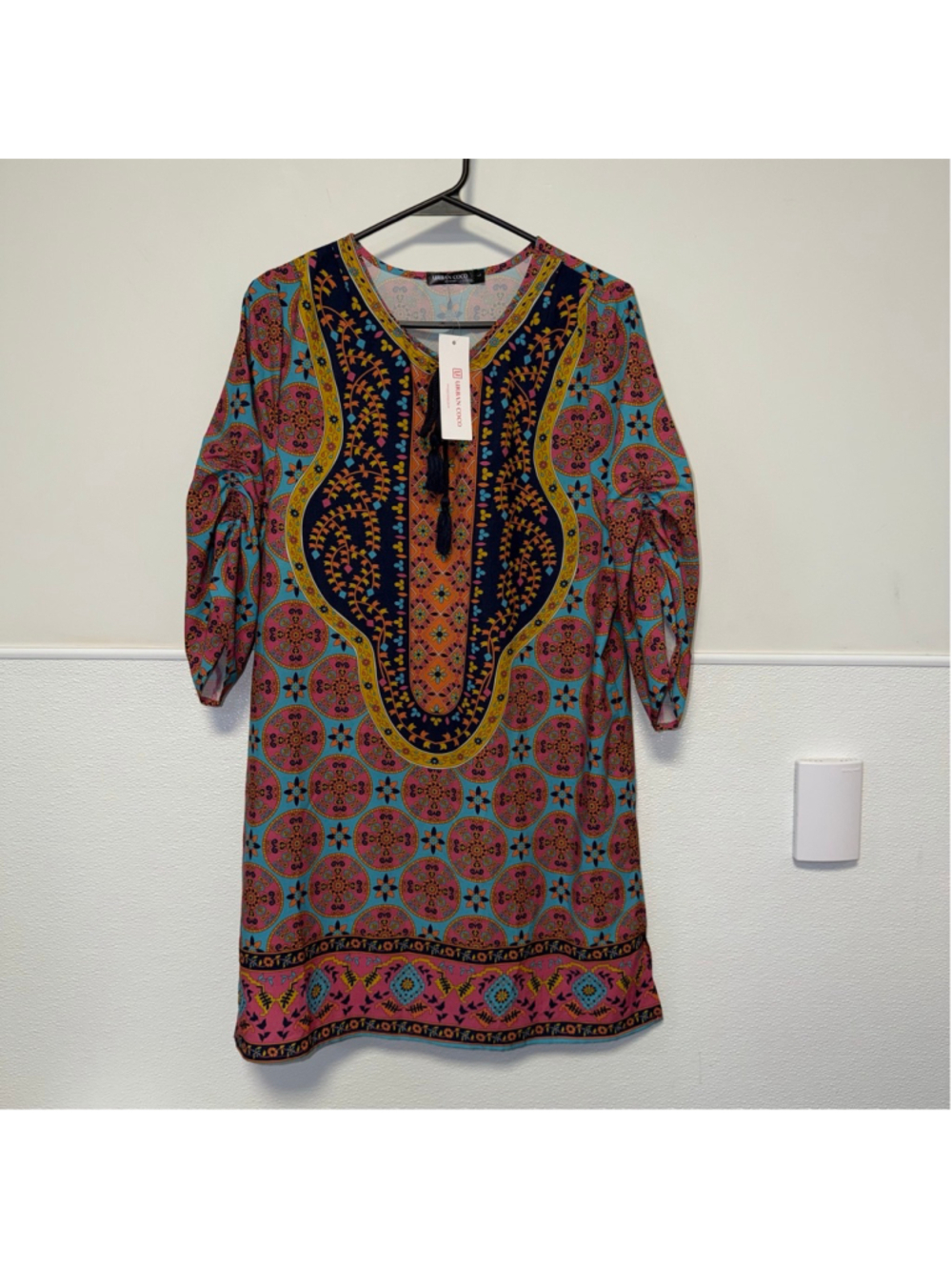 Women's Bohemian Neck Tie Urban Coco Mini Dress L Blue Pink Boho Print New NWT - Picture 10 of 14